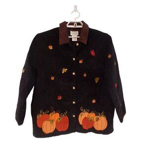 Quacker Factory jacket womens Large black quilted pumpkins fall corduroy
